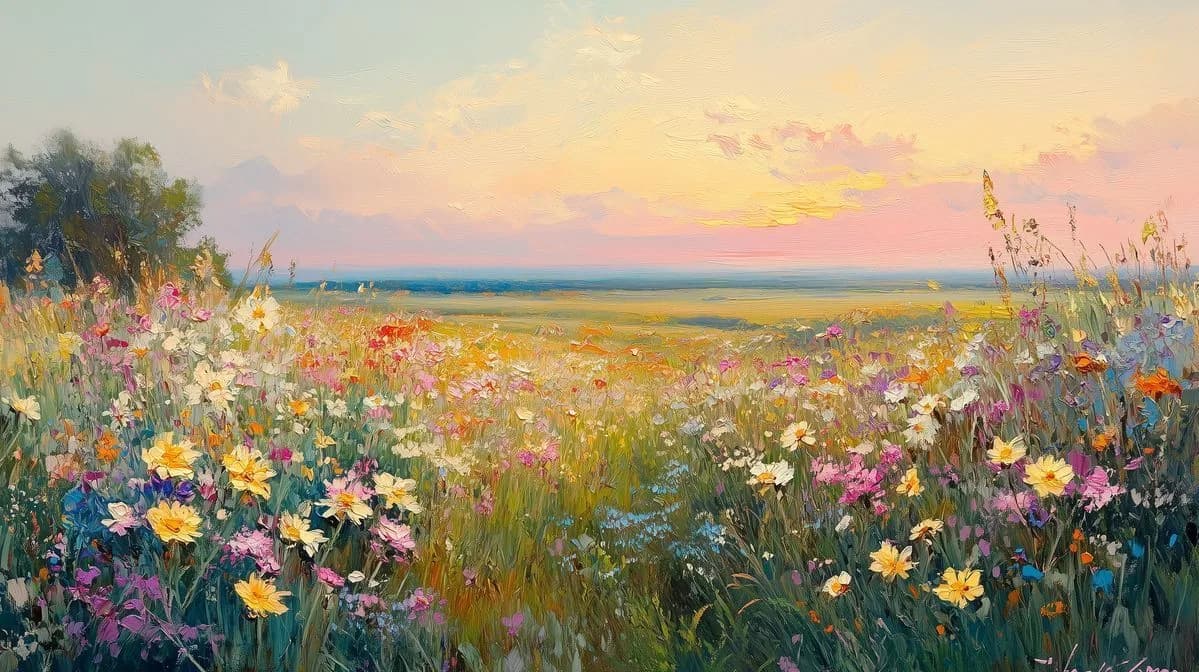 Painting of a wildflower meadow at sunset under a pastel sky