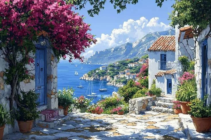 Painting of a bougainvillea-draped Mediterranean village courtyard overlooking a sailboat-dotted bay